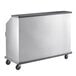 A silver rectangular stainless steel Regency portable bar with black wheels.