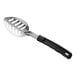 A Choice stainless steel slotted basting spoon with a black and silver handle.