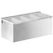 A Tablecraft stainless steel condiment bar with 4 compartments and plastic inserts.