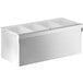 A Tablecraft stainless steel condiment bar with four compartments and white plastic inserts.