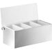 A Tablecraft stainless steel condiment bar with four compartments and plastic inserts.