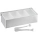 A Tablecraft stainless steel condiment bar with white plastic inserts and stainless steel tongs on a counter.