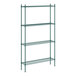 A green metal Regency wire shelving unit with four shelves and green poles.