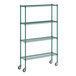 A Regency green wire shelving unit with casters.
