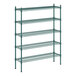 A green metal Regency shelving unit with four shelves.