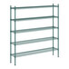 A green metal shelving unit with five shelves.