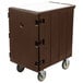 A dark brown Cambro food storage container with black wheels.