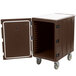 A dark brown Cambro mobile cart for rectangular food storage boxes with a door open.