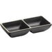 Two black rectangular Acopa Ugoki sauce dishes with ivory rims and two compartments.