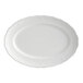 An oval-shaped, pearl white porcelain platter with a scalloped wide rim.