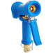 A blue and gold hand held water gun with a blue nozzle and a metal trigger.