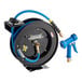 A blue and black Regency hose reel with a hose.