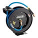 A Regency powder-coated steel hose reel with a blue and black hose on it.