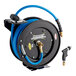 A black and blue powder-coated steel Regency hose reel with a black and blue hose and nozzle.