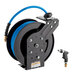 A Regency powder-coated steel hose reel with a black and blue hose attached.