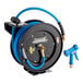 A black and blue Regency hose reel with a hose and a water gun nozzle.