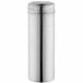 A silver stainless steel shaker with a round lid.