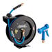 A black and blue Regency hose reel with a blue hose on it.