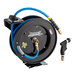 A black powder-coated steel Regency hose reel with a blue and black hose attached.