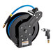 A blue and black Regency powder-coated steel hose reel with a 30' hose and spray gun.