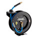A black powder-coated steel Regency hose reel with a blue hose.