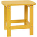 A yellow wooden side table with lines and screws.