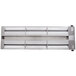 A stainless steel APW Wyott double strip food warmer with two glass panels on a metal shelf.