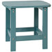 A teal faux wood side table with a metal base.