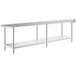 A white metal shelf with stainless steel legs.