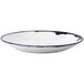 A white bowl with a blue rim and black accents.