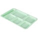 A green Carlisle polypropylene tray with six compartments.