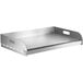 A silver stainless steel rectangular griddle plate with a handle.