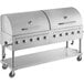 A silver stainless steel Backyard Pro outdoor grill on wheels with knobs.