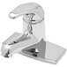 A silver T&amp;S single lever faucet with flexible supply lines.