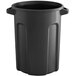 A black Toter round trash can with lid and handles.