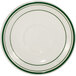 An ivory International Tableware saucer with green bands.