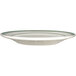 A white International Tableware stoneware plate with green stripes.