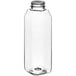 A clear plastic tall square juice bottle with a round neck.