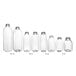A row of clear 16 oz. tall square PET juice bottles.