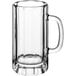 An Acopa clear glass beer mug with a handle.