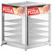 A white ServIt countertop display warmer with a glass door and pizza on the shelves.