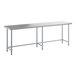 A long rectangular Steelton stainless steel work table with an open metal base.