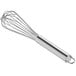 A silver stainless steel French whisk with a handle.