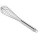 A silver stainless steel whisk with a metal handle.