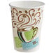 A Dixie paper hot cup with a coffee cup and coffee beans design.