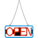A rectangular blue and red LED neon open sign hanging on a chain.