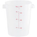A white Vigor 8 Qt. translucent plastic food storage container with measurements in red.