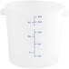 A white translucent plastic Vigor food storage container with blue measurements and a black handle.