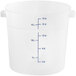 A white Vigor round plastic food storage container with measurements.