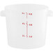A white translucent Vigor 6 qt. round plastic food storage container with red text.